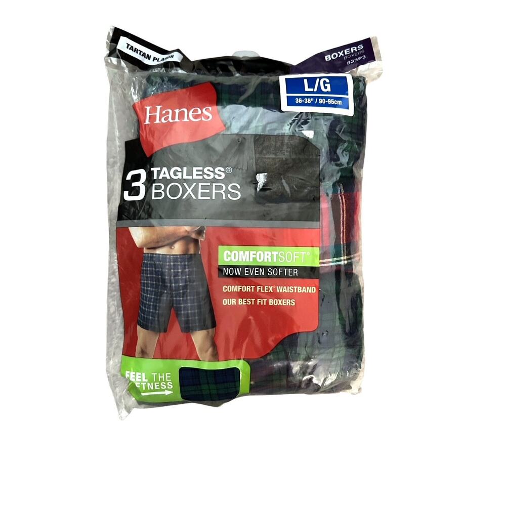 Hanes Mens Set of 3 Tartan Plaid Cotton Polyester Boxer Shorts Size Large NEW